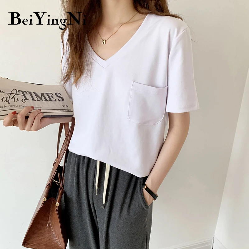 

Beiyingni Pocket Solid Casual Tops Tshirts Womens 2021 Summer Korean Loose Black T-shirts Female Pure Cotton V-neck T Shirts Top