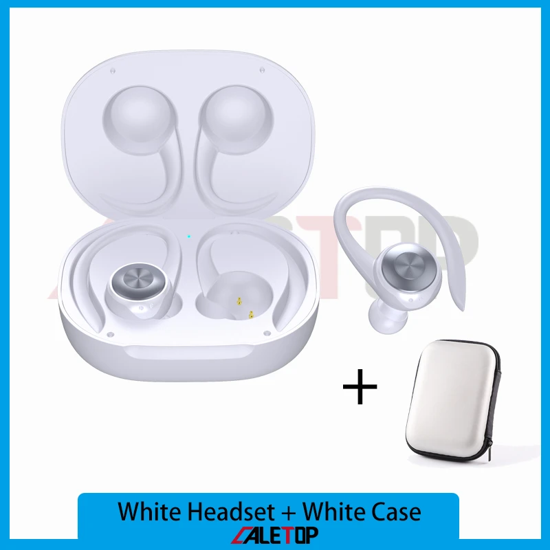 White and White Case CALETOP TWS Bluetooth 5.0 Earphone Sports Wireless Earphones Ear Hook Noise Reduction Headphones Stereo Sound Headset with MIC - Цвет: White and White Case