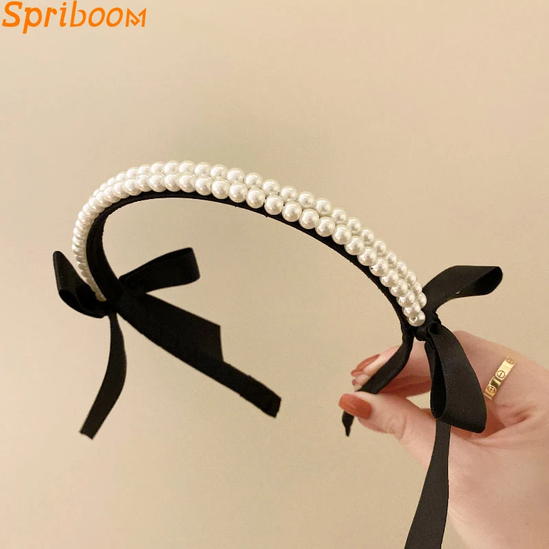 

Black Bow Pearl Hairbands for Women Girls 2022 New Design French Romantic Sweet Hair Bands Ribbon Temperament Headband Headdress