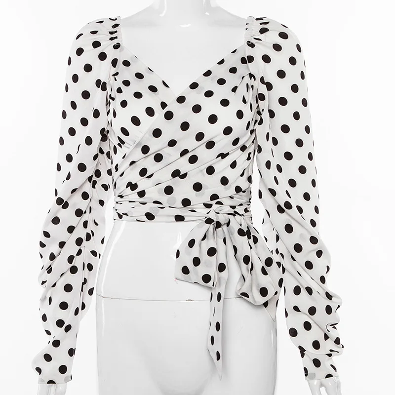 

Hot Autumn Retro Polka Dot Blouse Long Sleeve Short Shirts Lady Vintage Lace Up V neck Chic Blouses Shirt High Street Woman 2019