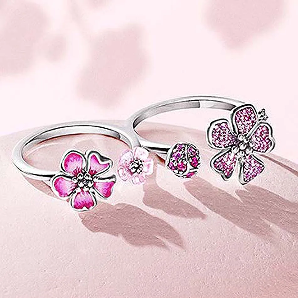 

Женское кольцо из серебра 925 пробы, с розовой эмалью и цветком персика