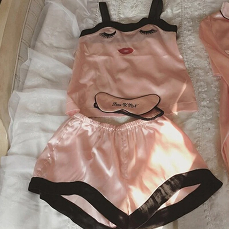 Женские пижамные комплекты из 4 предметов с принтом ресниц на тонких бретельках