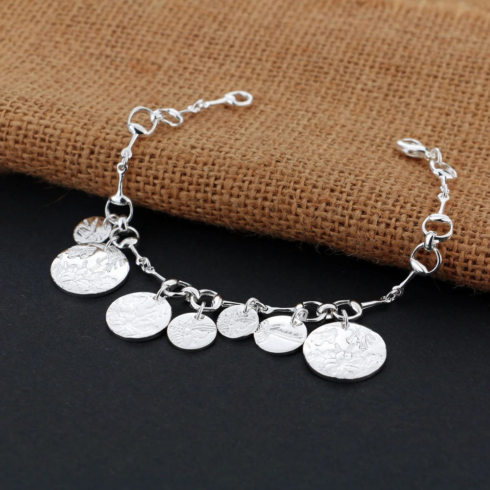 wedding bands браслет Women's 925 Sterling Silver Bracelet Pattern Circle Pendant Silver Chain Fine Jewelry Lobster Claw Clasp pulseras mujer name necklace