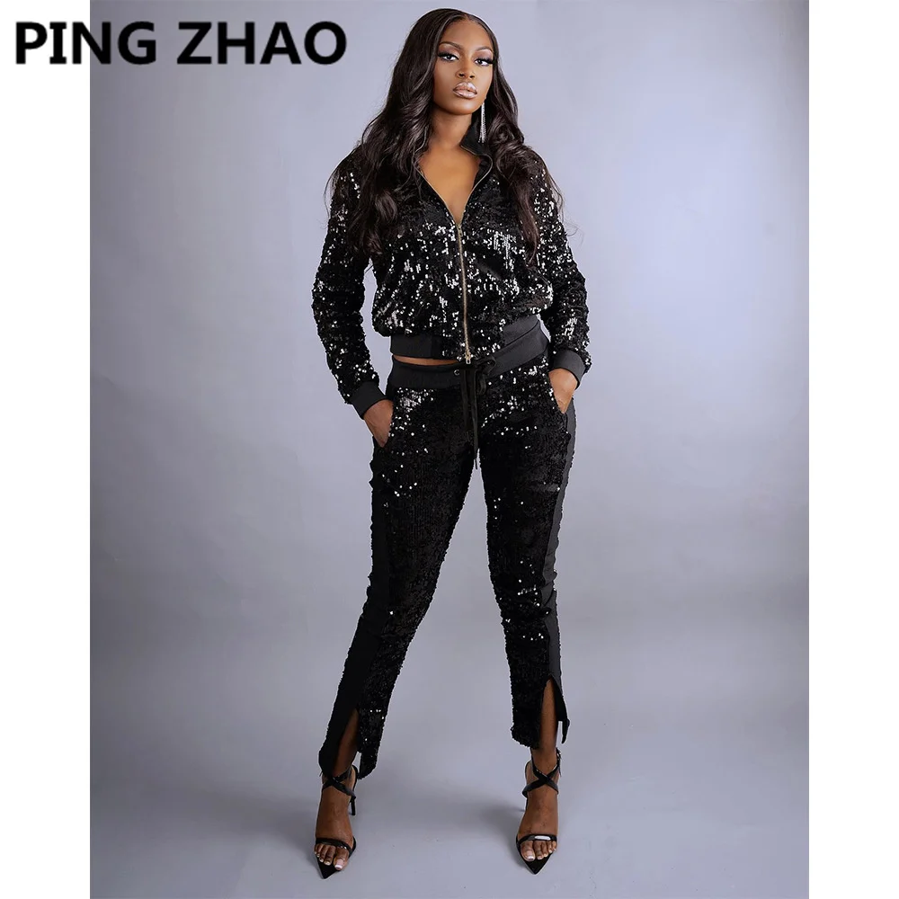 PING ZHAO   2022 Sparkle Womens Zipper Front Jacket Top And Pant Set Two-Piece Suits Shiny Women Matching Tracksuits Set