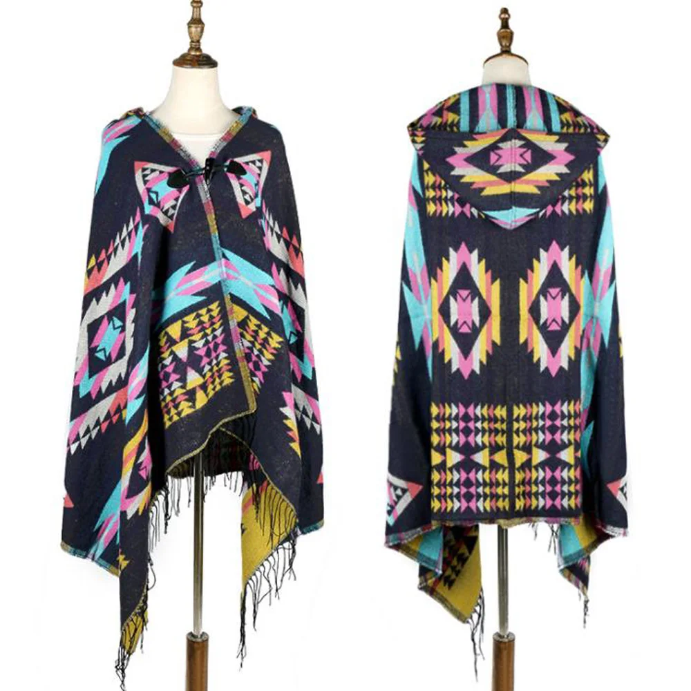

Spring Autumn Women Tassel Cape Coat Fringe Poncho Ethnic Retro Loose Batwing Oblique Hooded Cloak Coat Bohemian Shawl Outerwear