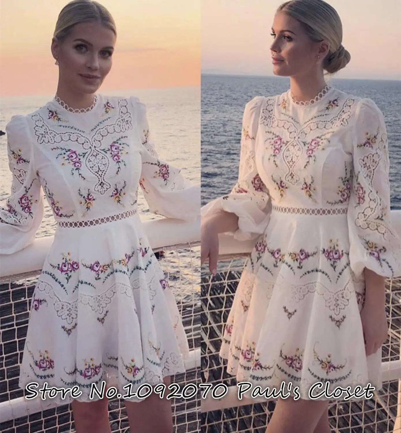 Женское платье блузон с вышивкой и короткое цвета слоновой кости льняное мини