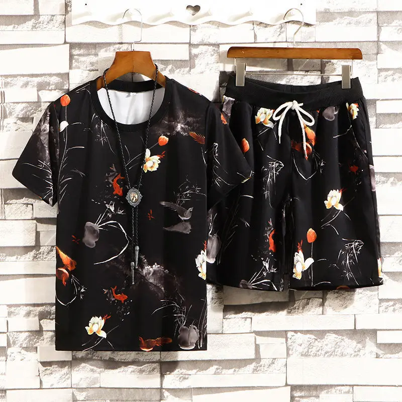 

[Short sleeve / suit]Summer new men's short sleeve shorts suit leisure sports trend ice silk suit men