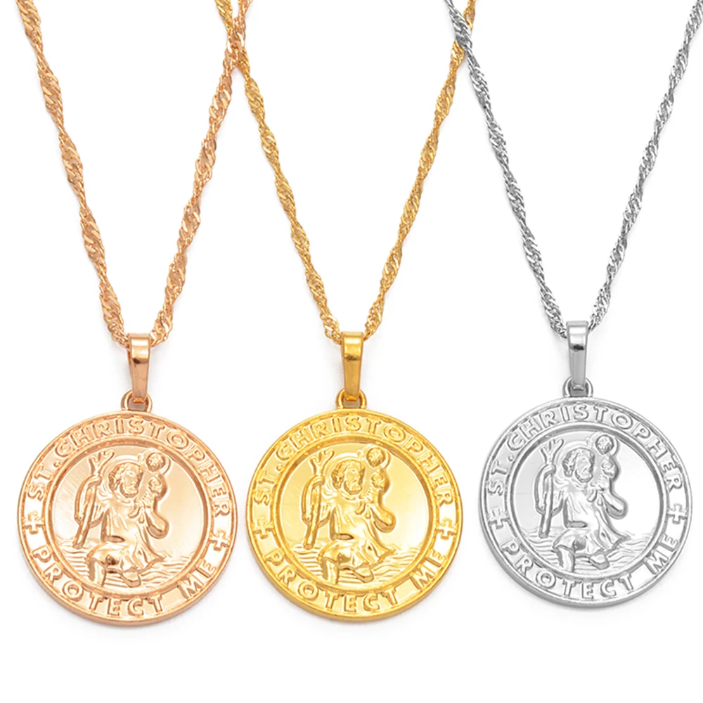 Anniyo St. Christopher Protect Me Necklaces for Women - Light Gold/Silver Color Saint Christophe Pendant - Religious Jewelry #040904 image 2