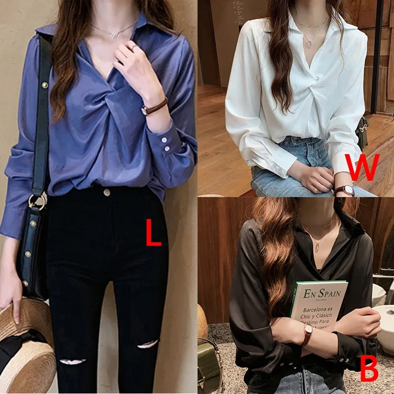 

Women Solid Pullover Blouse Shirt Long Sleeve Blouse V-Neck Office Lady Shirts Casual Tops Blouse