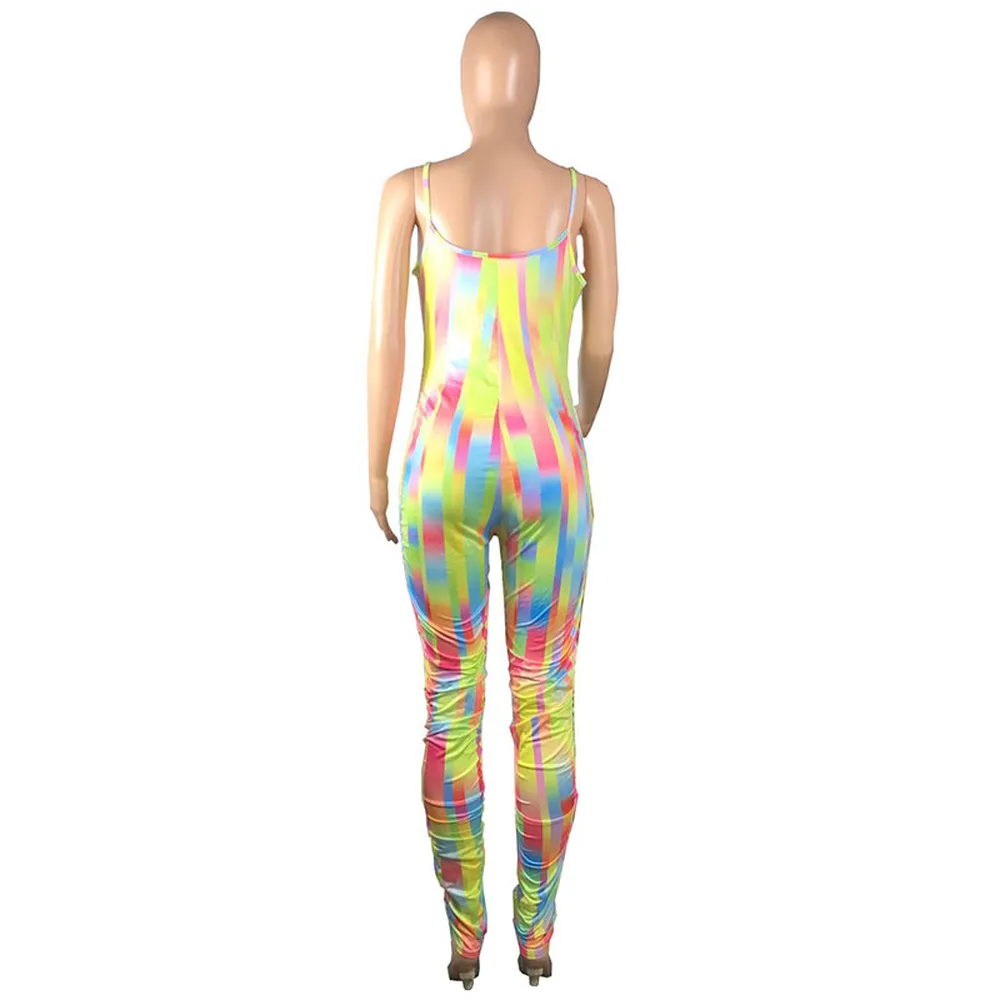 

Rainbow Geometric Rompers Womens Jumpsuit Fashion Spaghetti Strap Open Back Stacled Catsuit Street Sleeveless One Piece Overalls