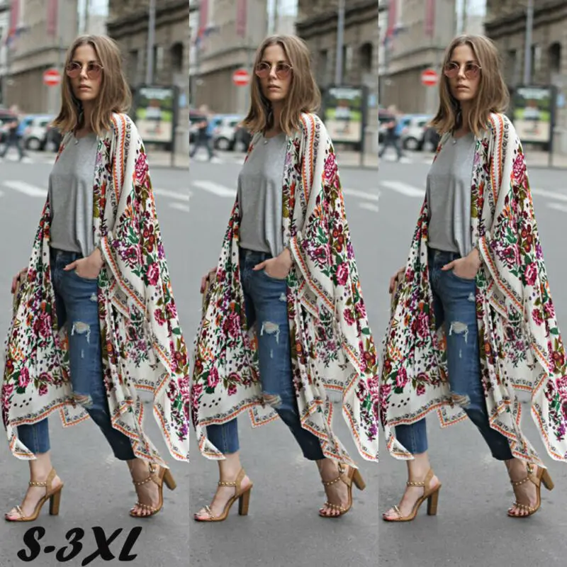 Модная одежда Бохо Винтаж Женщины Цветочные Свободные шаль кимоно шифон пальто