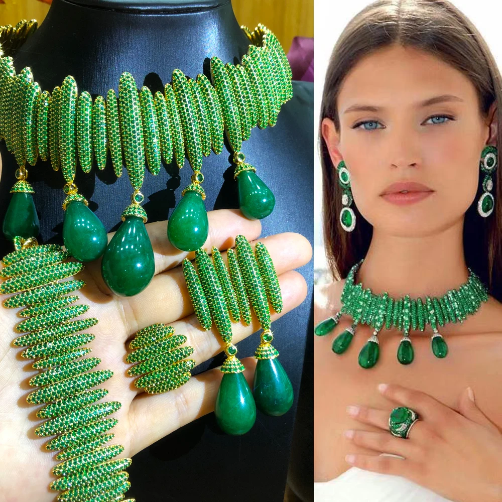 

Blachette Luxury Emeralds Waterdrop Big Necklace Earring Bangle Ring 4PCS for Women Wedding Indian Bridal Exquisite Jewelry Sets