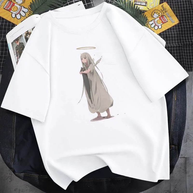 

Summer New Angel And Cat Cartoon Print Pure Cotton Short-Sleeved 14-Color Daily Simple Fashion Top Unisex Harajuku T-Shirt