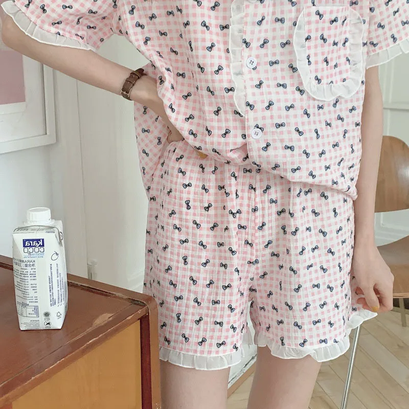 Summer New Bow Print Pajamas Women's Plaid Cute Nightgown Short Sleeve Shorts Home Wear Set Female Sleepwear Lady Nightwear