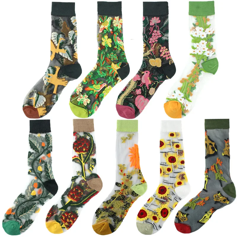 

Novelty Harajuku New Product Crystal Silk Tide Socks Funny Sunflowers Vines Flowers Happy Women Socks Casual High Quality Sox