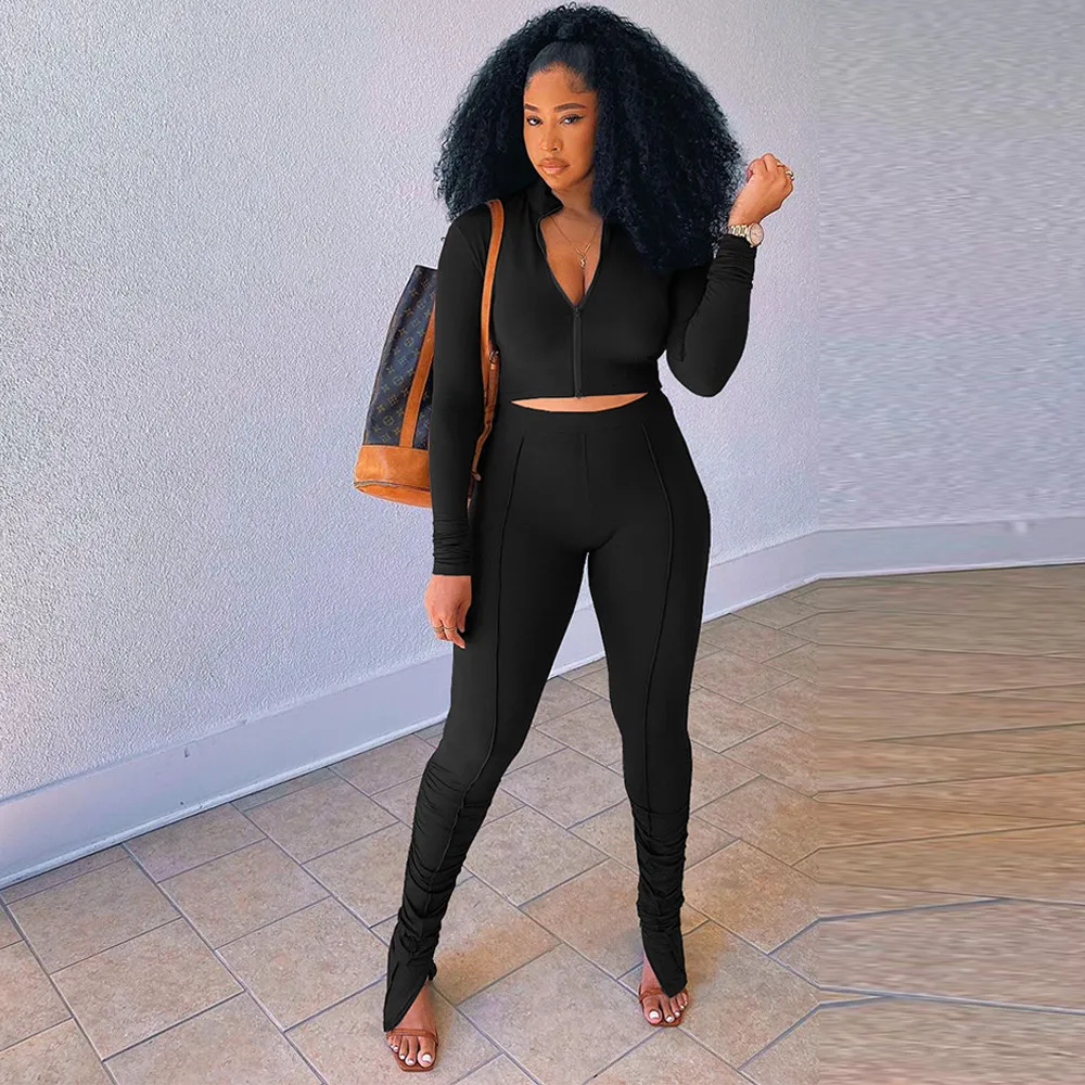 

High Street Two Piece Set Women Casual Fashion Solid Zipper Front Long Sleeve Crop Top+slim Fit Split Stacked Legging Autumn