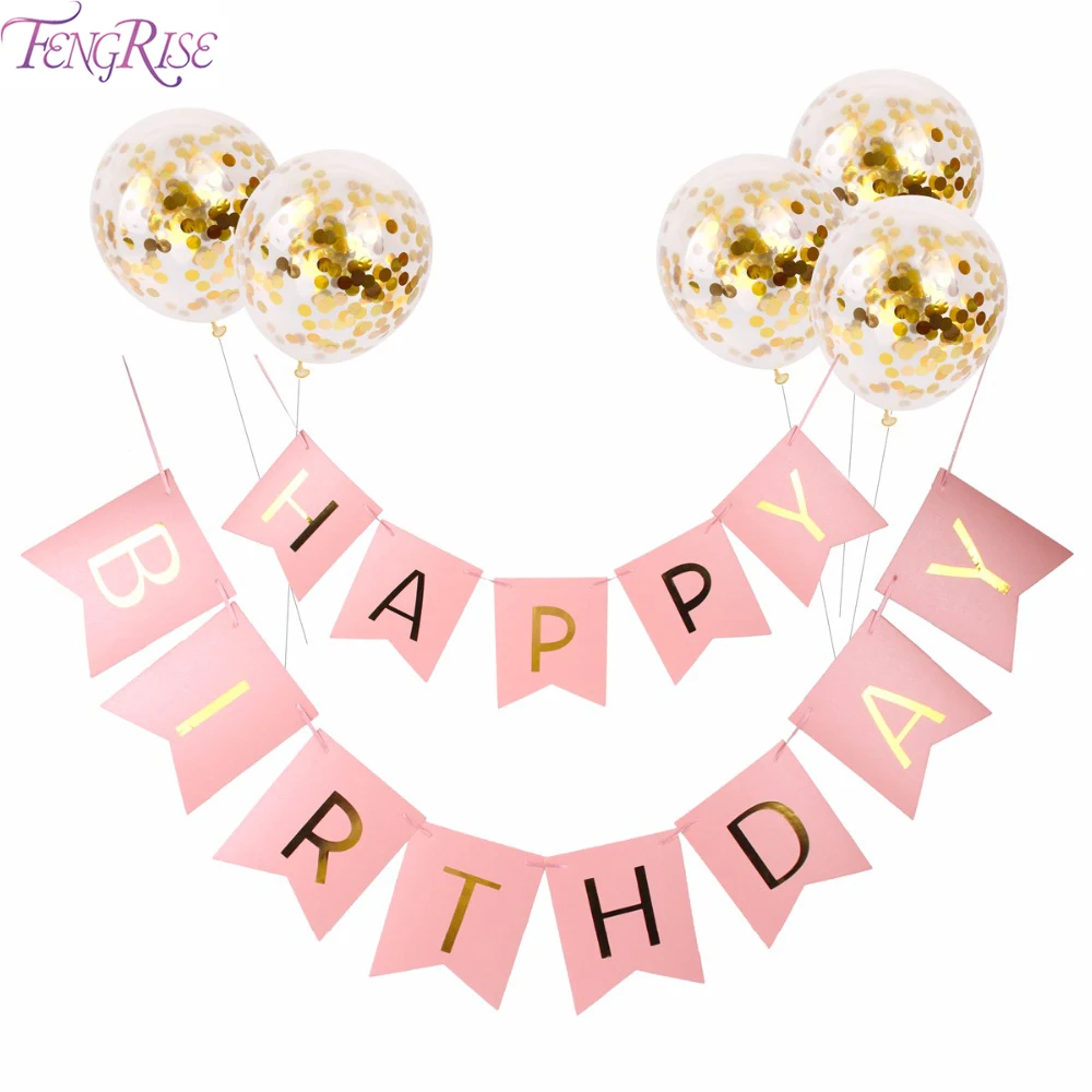 FENGRISE Золотой баннер с днем рождения шары золотыми конфетти буквы для вечеринки в