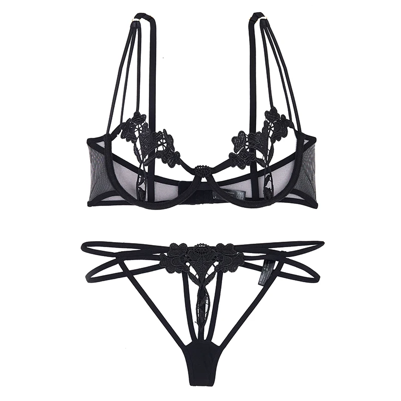 Комплект нижнего белья женский бюстгальтер на косточках с цветочной вышивкой
