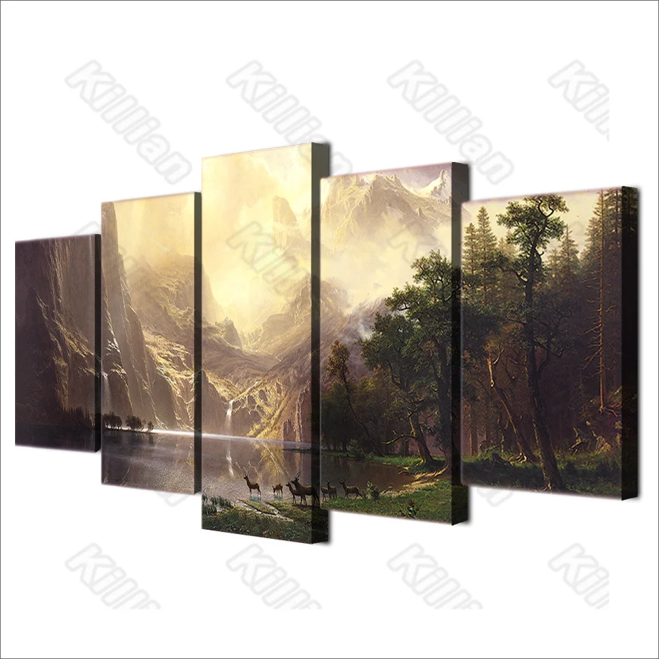

Scenery Style Mural Canvas Paintings Bed Home Decor Prints 5 Pieces Gorge lake deer Decoration Living Room Wall Fresco