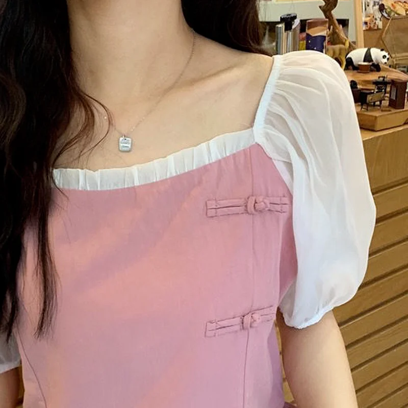 

Blouses Women Mesh Patchwork Design Ulzzang Lovely Girls Summer Fashion Blusa Feminina Puff Sleeve Top All-match Cropped Clothes