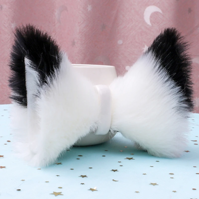 Длинные бархатные наушники ручной работы с изображением зверя черно-белые