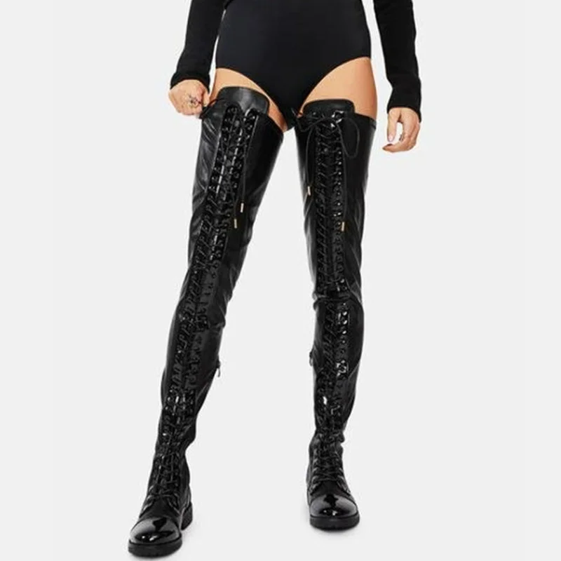 

Women's High Boots for Autumn and Winter PU Lace-up Black Sexy Thigh Boots Female Comfortable Large Size Women's Shoes 34-46