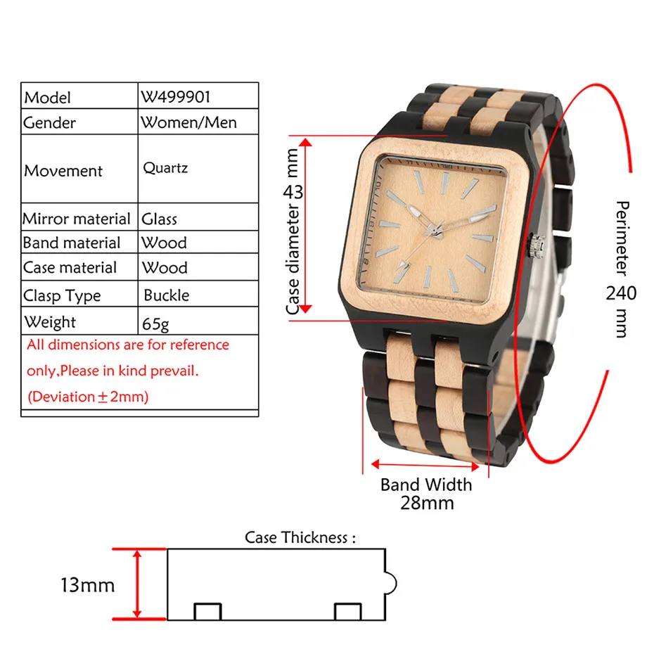 Часы мужские с деревянным браслетом повседневные квадратные из эбенового дерева