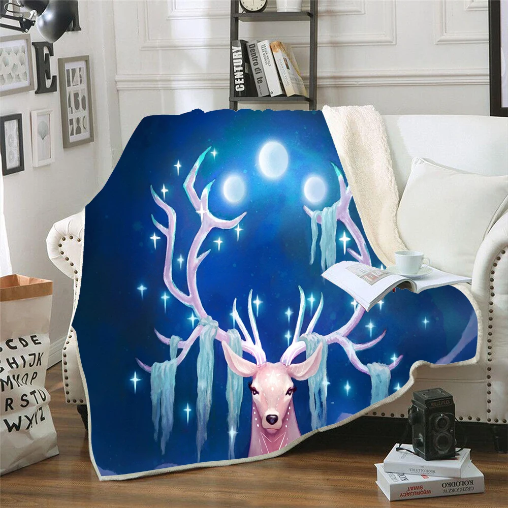 Flannel Winter Bed Blanket Elk Cartoon Print Bed Plaid Warm and Soft Plaid on The Sofa Nap Blanket Plaid Noel Throwing Blanket