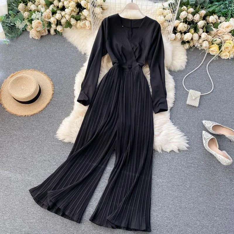 

2021 New Spring Autumn Women Fashion Elegant Solid Jumpsuits Office Lady Long Sleeve V Neck Pleated Wide Leg Trousers Y614