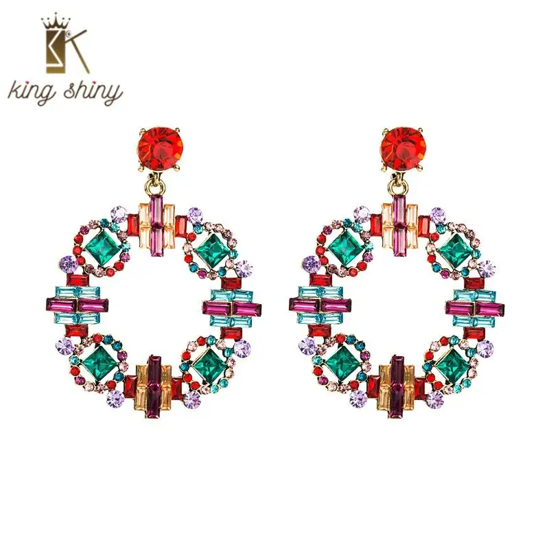 

Elegant Multi Color Crystal Dangle Earrings for Woman Vintage Geometric Round Rhinestone Padded Drop Earrings Girl Party Brincos