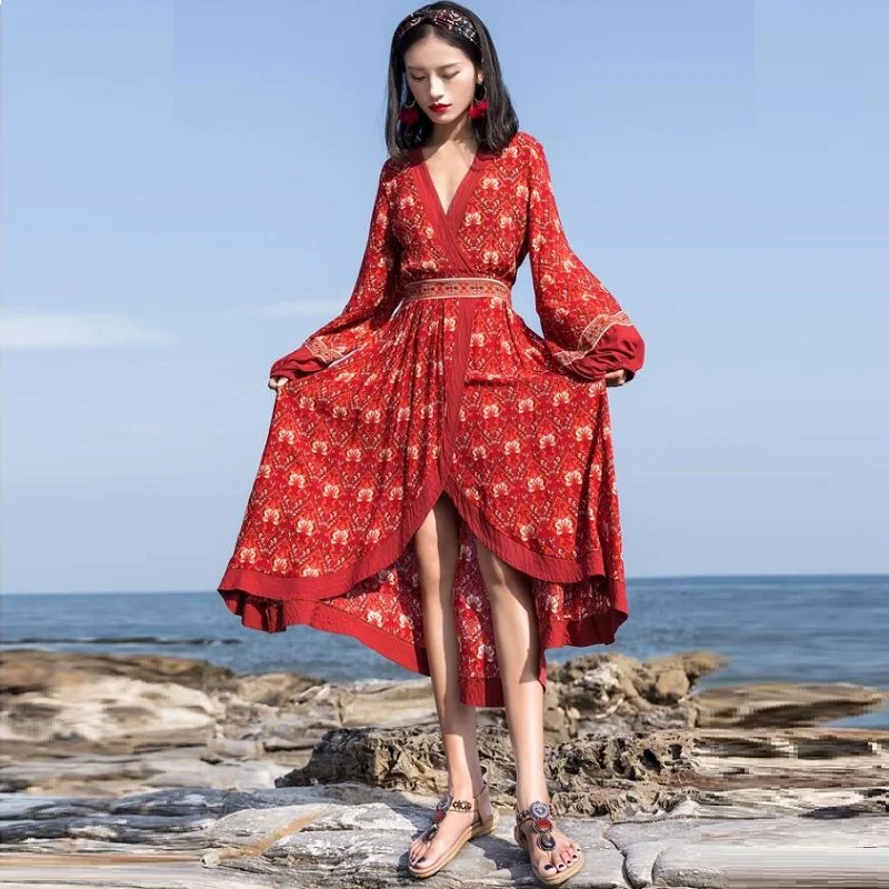 Шикарные Повседневные платья в стиле бохо для женщин 2019 красное Цветочное платье