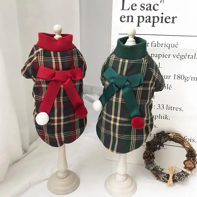 

[2021 Hot Sale]Dog cotton clothes Christmas plaid plus velvet warm autumn and winter pet cat clothes thickening dog costume