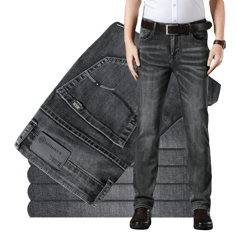 

Brand Men Clothing Stretch Casual Jeans Straight-leg Washed Vintage Classic Grey Business Office Male Denim Trousers