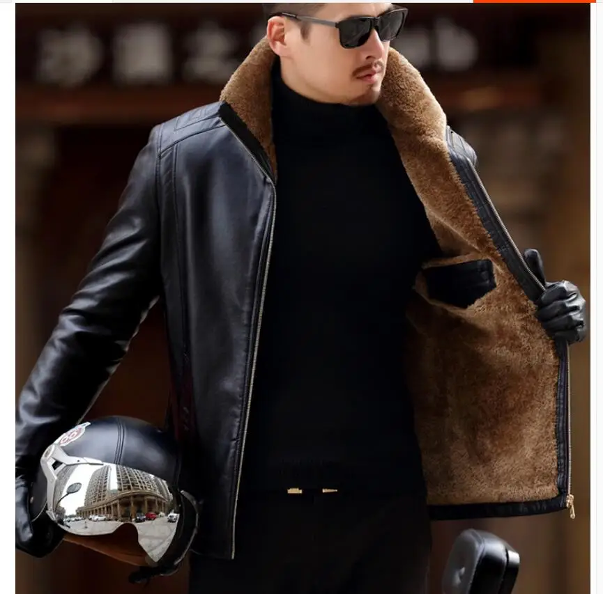 

New Autumn S-3xl And Winter Collar Middle-aged Men's Genuine Leather Plus Velvet Fur Jacket Zipper Daddy Coat