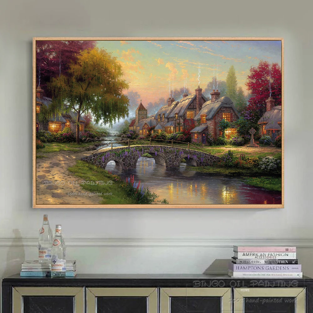 Kopen Top Kunstenaar Hand Geschilderd Hoge Kwaliteit Canvas Wall Art Geplaveide Brug Zomer Cottage Olieverfschilderij Prachtige Landschap Schilderen