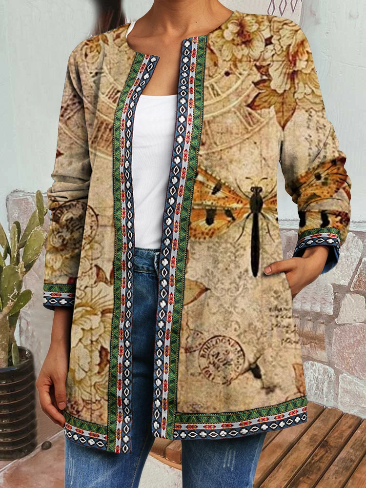 

Female Long Sleeve Vintage Cardigan Women Round Neck Print Patchwork Coat Autumn and Winter Women Jackets