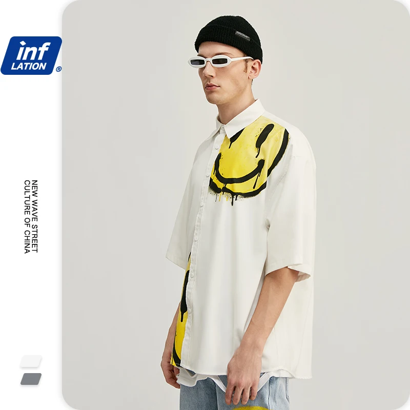

INFLATION Men Smile Shirts Fashions Short Sleeve Shirt Men Hawaiian Shirt Streetwear Men Korean Oversized Shirts Unisex