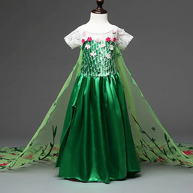 3-8Y Girls Christmas Dress Anna Elsa Princess Costume Green Fashion Print Pattern Kids Halloween Snow Queen Long Tail Gown | Детская