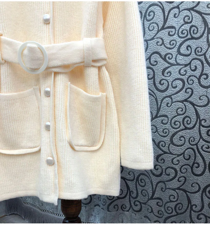 

Cardigan Jackets 2020 Autumn Winter Fashion Style Women High Quality Knitting Belt Pocket Patchwork Long Sleeve Cardigan Coats