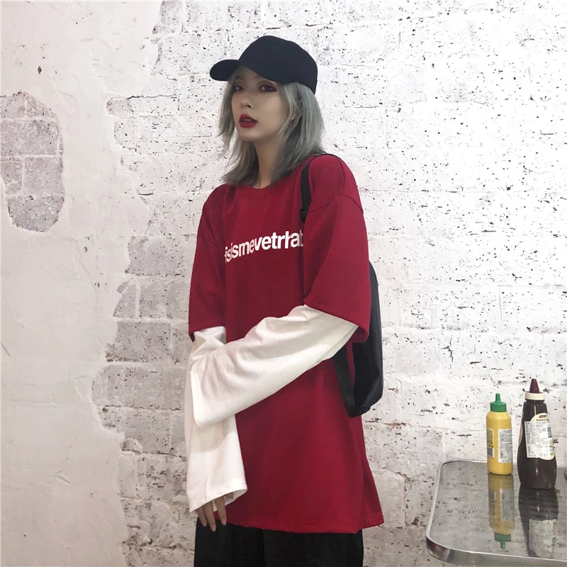 Harajuku модные женские топы с длинными рукавами осенняя одежда с принтом поддельные 2 шт. свободные футболки женские повседневные футболки
