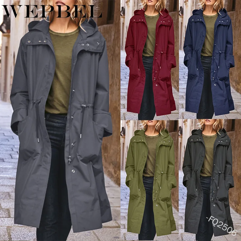 

Mandylandy Trench Coat Women Autumn Winter Hooded Drawstring Pocket Zipper Long Outwear Plus Size Elegant Lady Windbreaker Coats