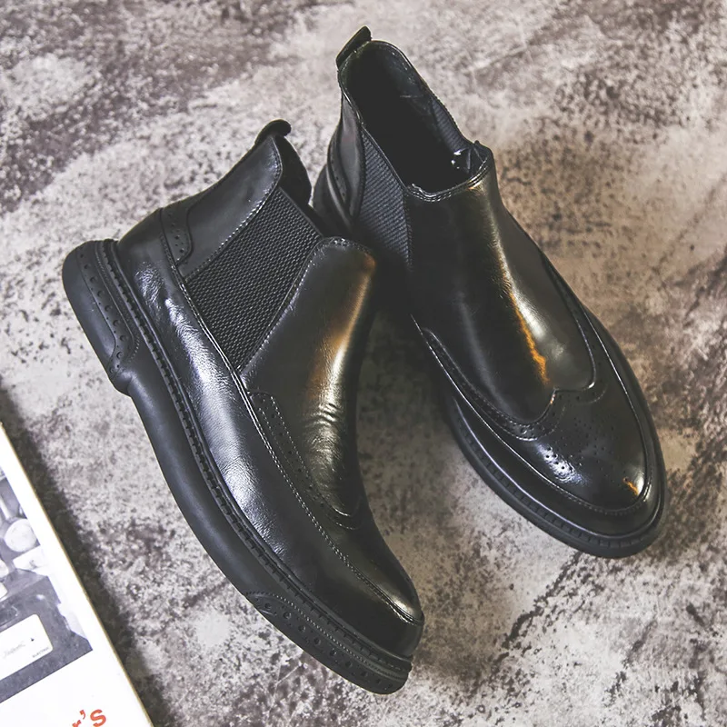 Модные мужские ботинки в британском стиле Броги из коровьей кожи Черные Челси botas