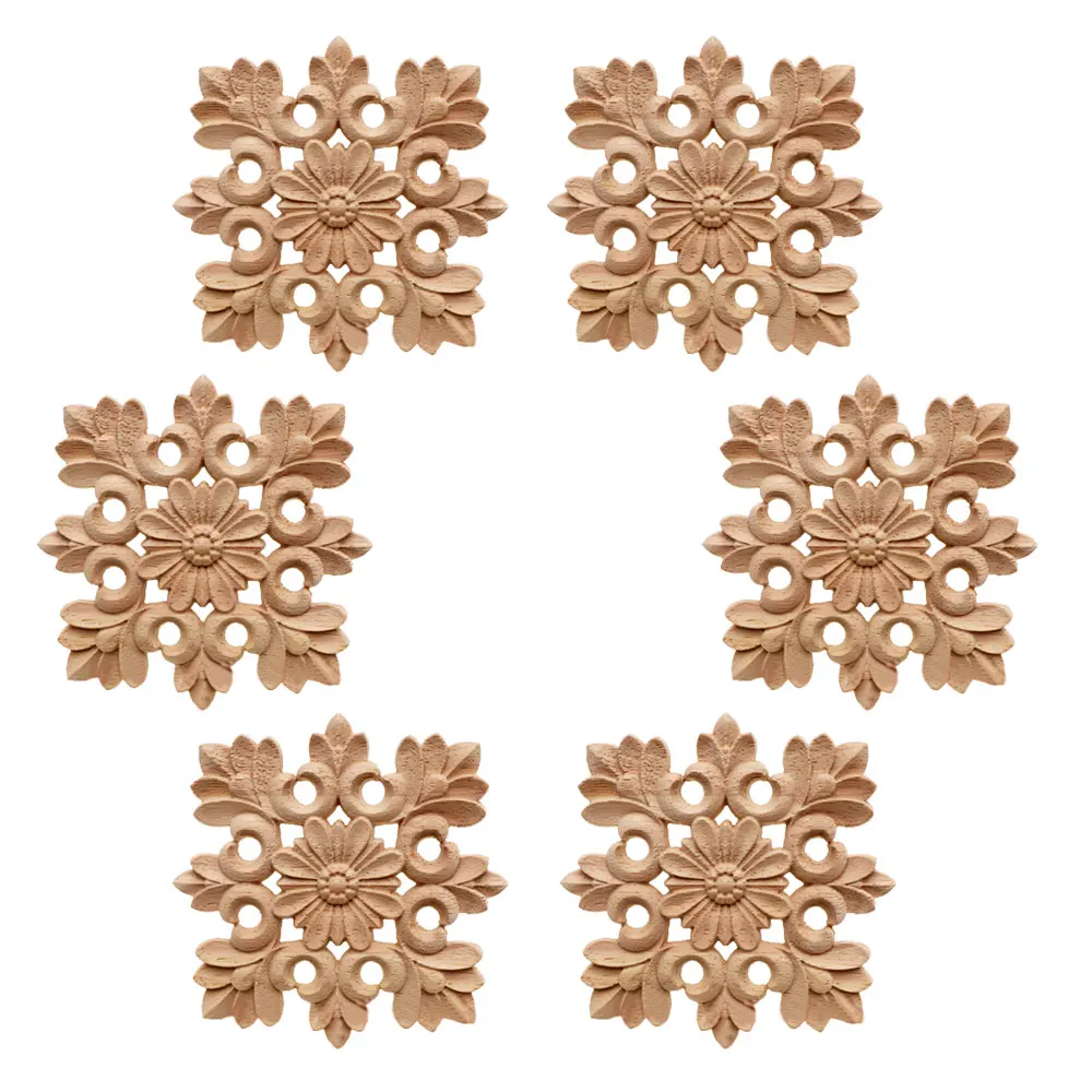 

Exquisite Unpainted Square Flower Rubber Wood Furniture Decoration Accessories Bed Door Wood Figurines Wood Decal Wood Applique