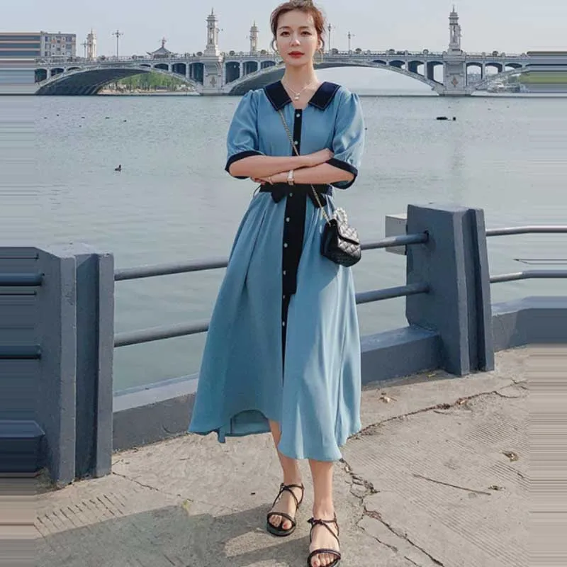 

French Fashion Single-Breasted Women Dress One-Piece Elegant Summer Chiffon Shirt Dress 2021 New Korean Lady Slim Office Dresses