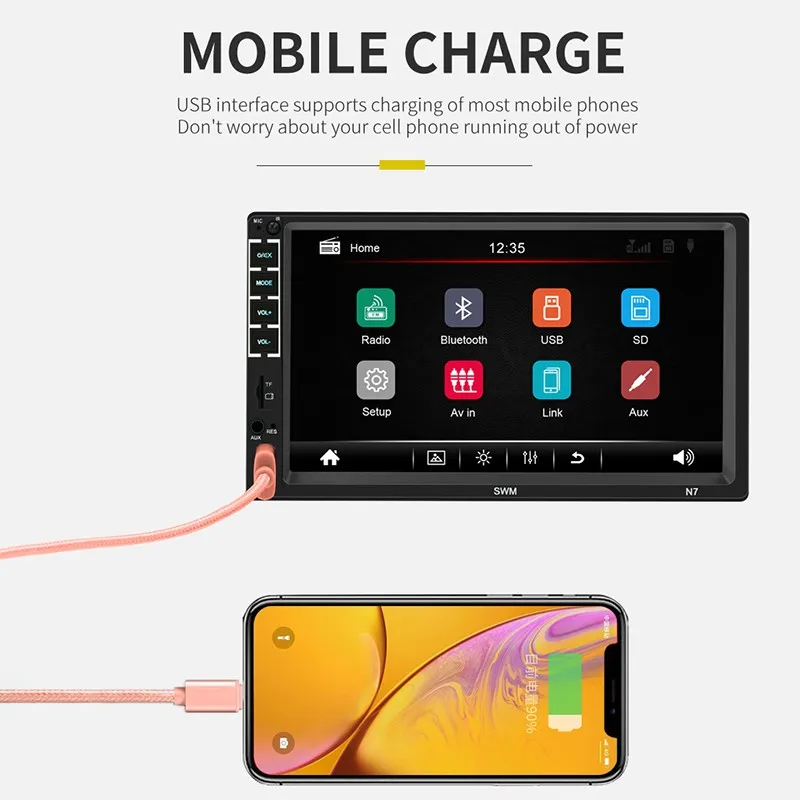 N7 7&quot Car Radio MP5 Multimedia Player Bluetooth FM AUX Stereo 2 Din Remote Control 12V U Disk TF Card Mobile Phone Charging |