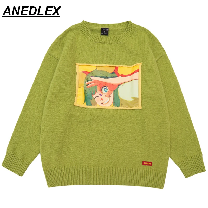 

Hip Hop Mens Streetwear Harajuku Knitted Sweater Cartoon Patch Printing 2021 Autumn Sweater Pullover Loose HipHop Retro Cotton