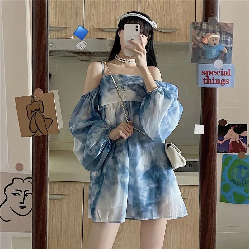 

Korean Sling Mini Dress Women Summer 2021 New First Love One Word Collar Long Sleeve Short Skirt Dress Design Sense Dress Femme