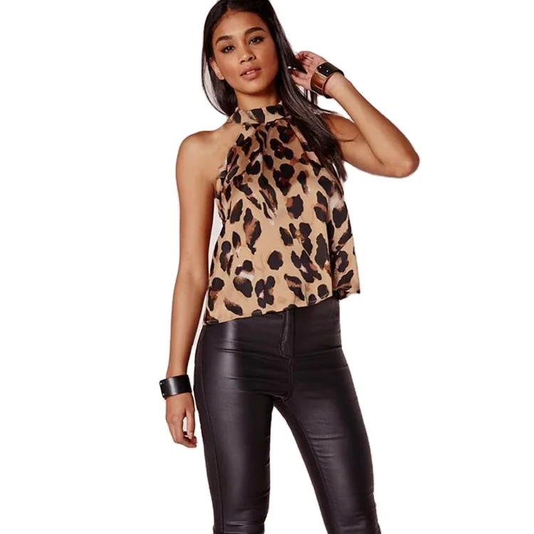 

2021 Ladies Fashion Leopard Print Halter Neck Sexy Navel Open Back Slim Female T-shirt Spot