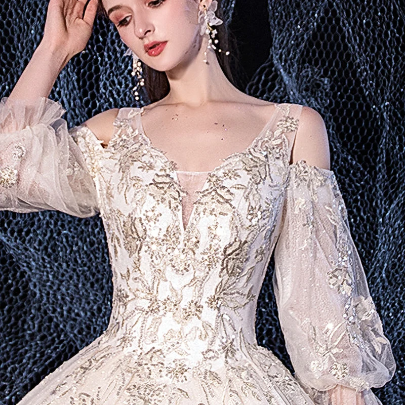 

Wedding Dress Square Collar Sequins Off the Shoulder Puff Sleeve Simple Bling Luxurious Lace up Long Women Bride Dresses B050
