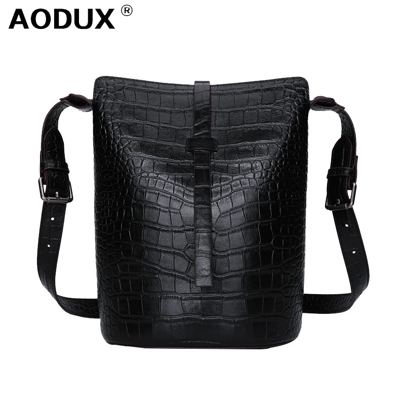 

Классические сумки-ведра AODUX из 100% натуральной коровьей кожи с крокодиловым узором, женская сумка-мессенджер через плечо, сумка из воловьей ...